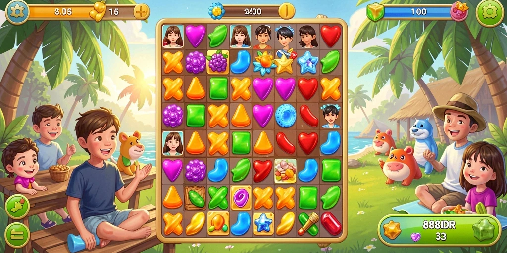 Gameplay seru dari 888IDR dengan grafis menarik dan tantangan Match-3.