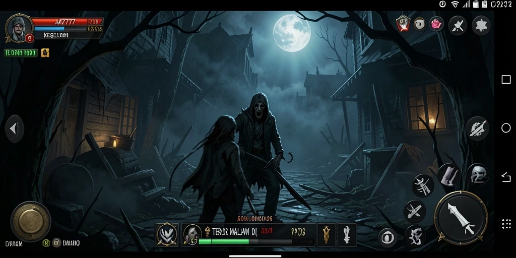 Screenshot gameplay A7777 menunjukkan suasana kegelapan yang mencekam dan aksi menegangkan.