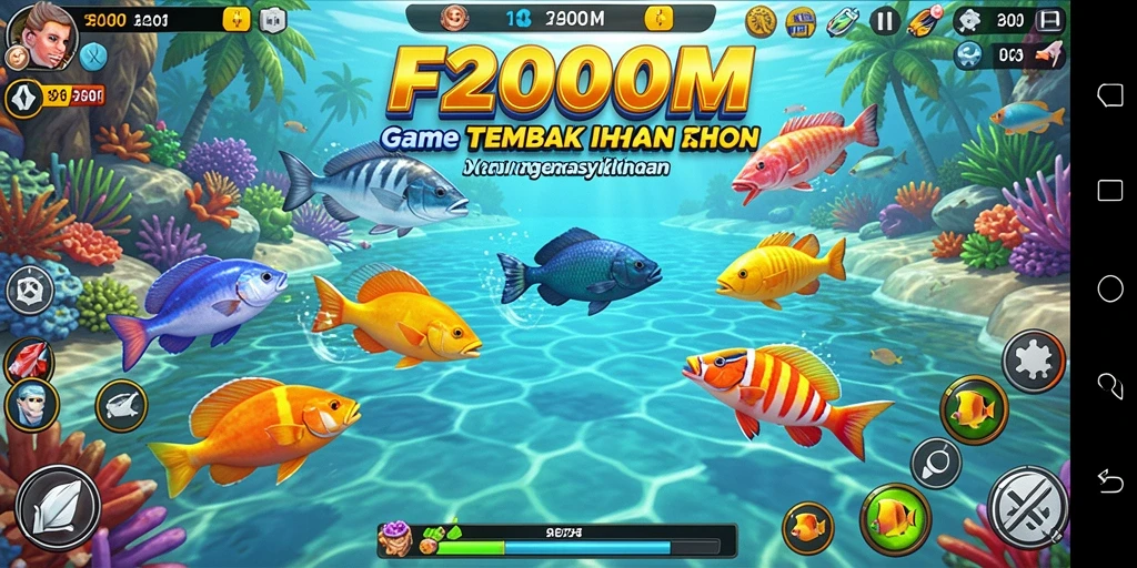 Screenshot tampilan gameplay F200M menampilkan aksi menembak ikan.