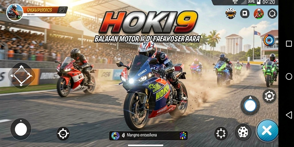 Screenshot gameplay HOKI9 menunjukkan balapan motor yang seru dan grafis menawan.