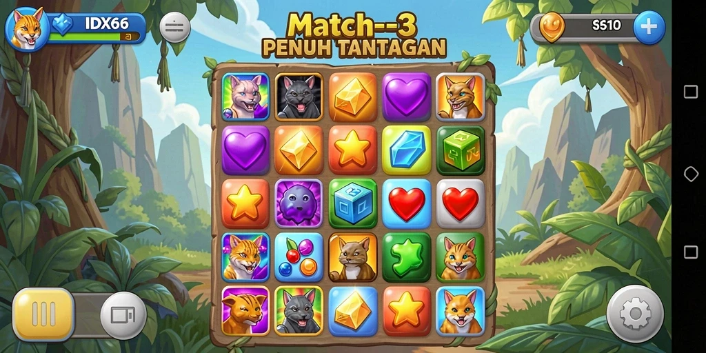 Tampilan gameplay IDX66 dengan elemen Match-3 yang cerah dan menantang.