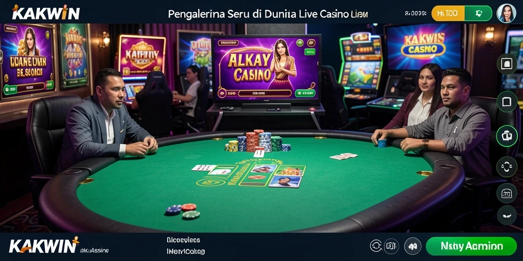 Screenshot utama KAKWIN menampilkan dealer profesional dan pemain aktif dalam sesi Live Casino.