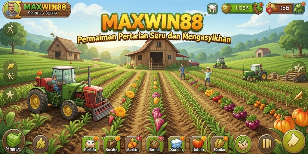 Tampilan screenshot gameplay MAXWIN88 menunjukkan aktivitas bertani yang seru.