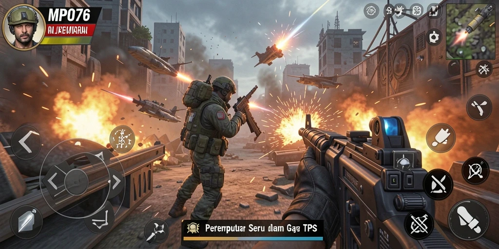 Screenshot MPO76 menampilkan aksi pertempuran TPS yang seru.