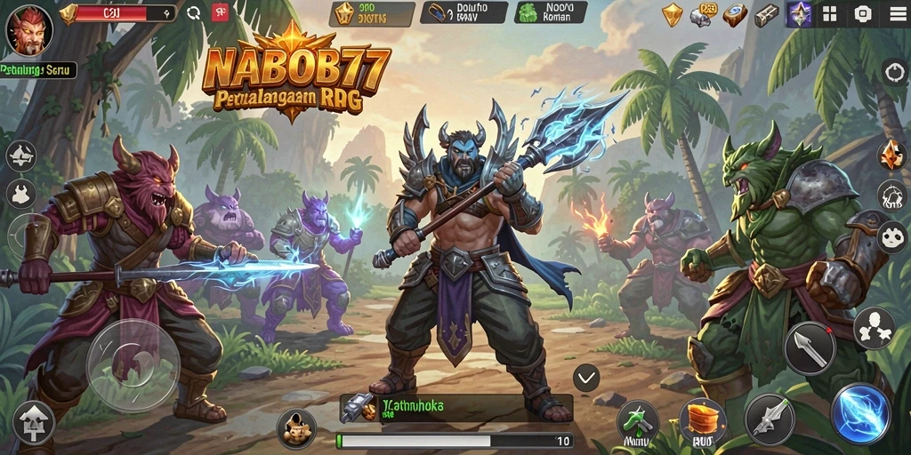 Screenshot utama NABOB77 menampilkan karakter di tengah pertempuran RPG yang seru.