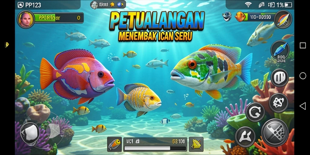 Screenshot gameplay PP123 menampilkan aksi menembak ikan yang seru.