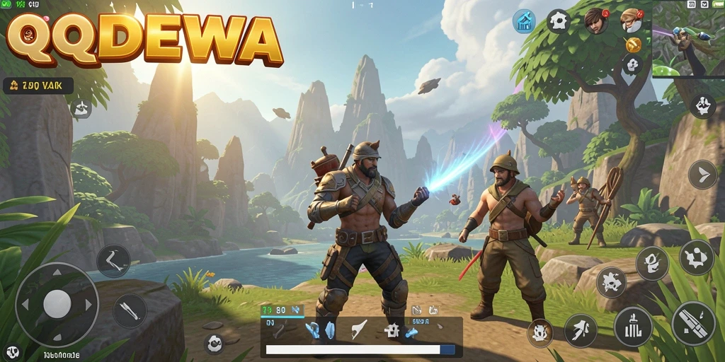 Screenshot gameplay menunjukkan dunia terbuka yang luas dan indah dalam QQDEWA.