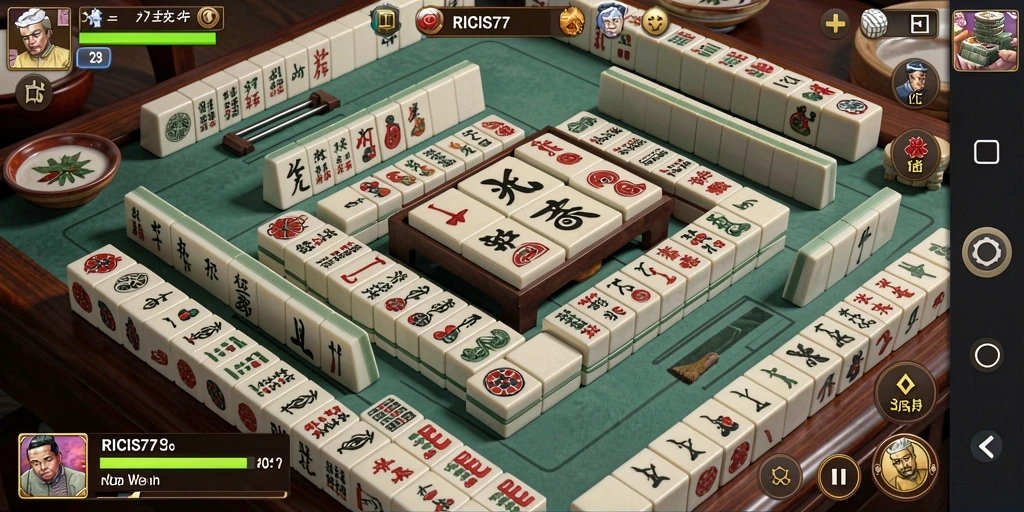 Tangkapan layar gameplay RICIS77 dengan suasana permainan Mahjong yang seru.