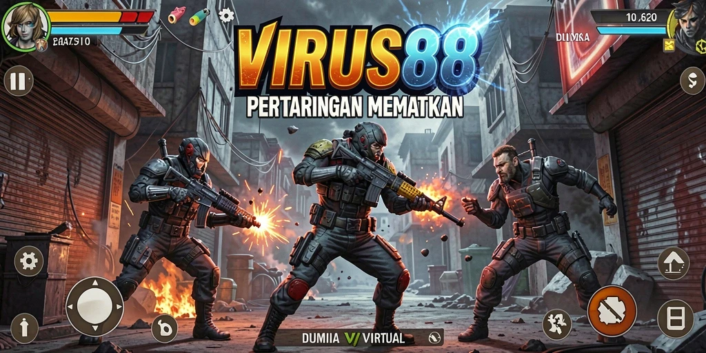 Tampilan layar pertarungan dalam VIRUS88 yang mendebarkan.