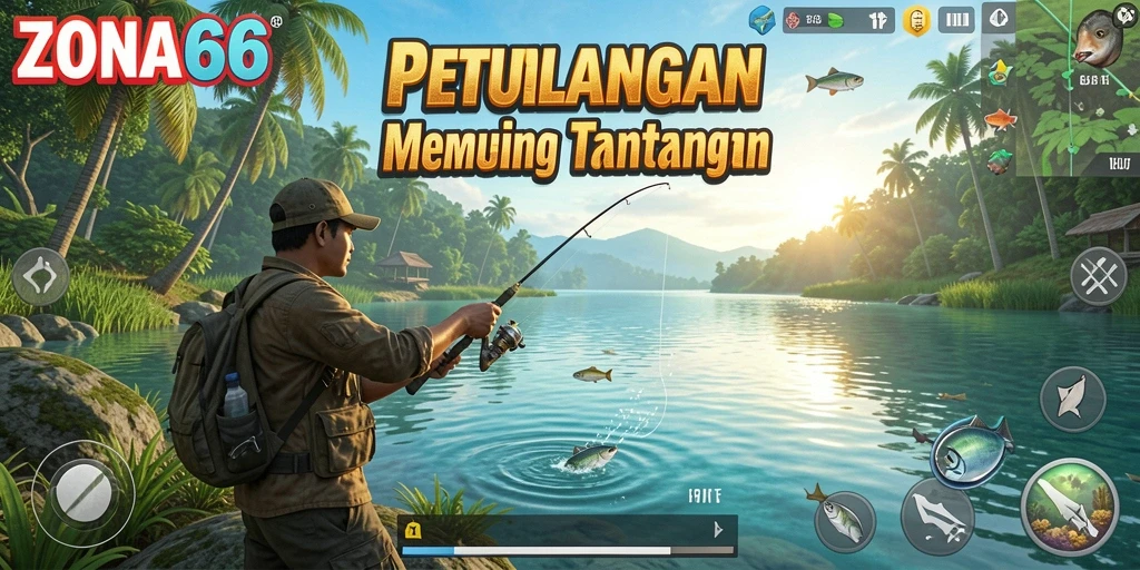 Screenshot utama ZONA66 menampilkan gameplay memancing yang menarik.